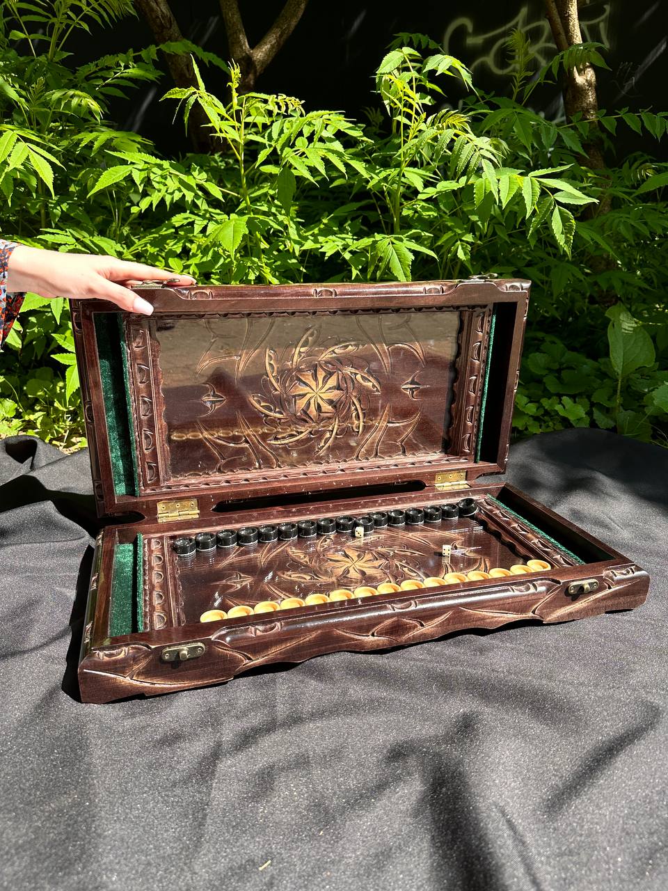 Handmade wooden backgammon with glass board, carved backgammon