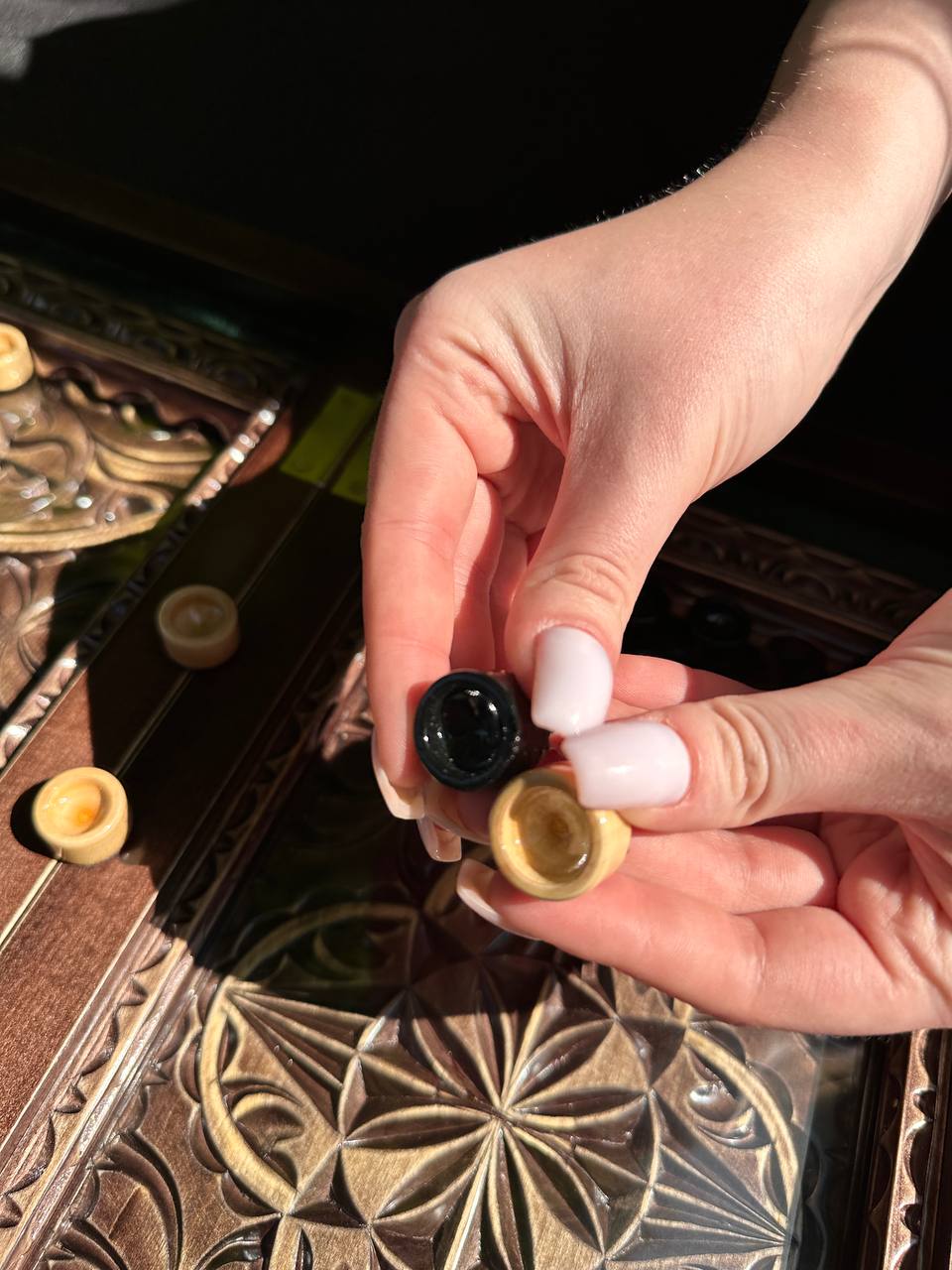 Wooden backgammon with glass play area,  handmade carved game board