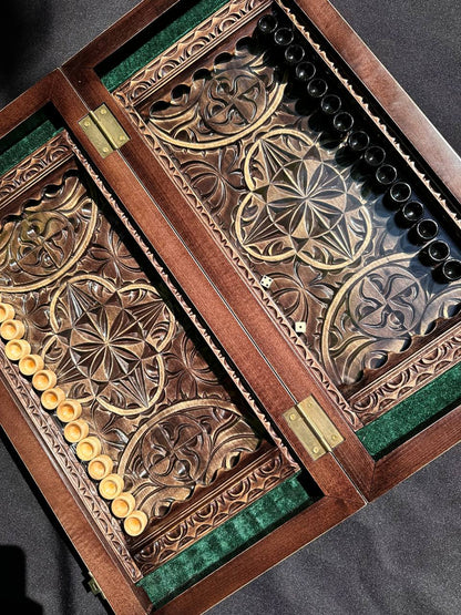 Wooden backgammon with glass play area,  handmade carved game board