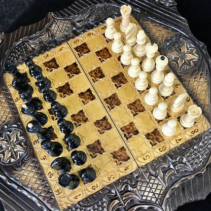 Wooden chess set with glass  board for backgammon, chess board, gift for boss, limited