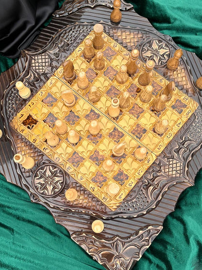 Wooden chess set with glass  board for backgammon, chess board, gift for boss, limited