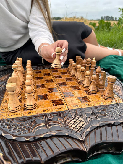 Wooden chess set with glass  board for backgammon, chess board, gift for boss, limited