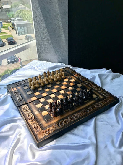 Handmade wooden chess set 3 in 1, chess set, checkers, backgammon board