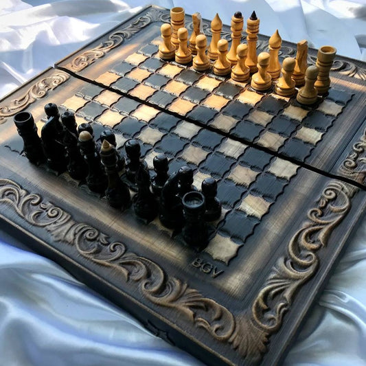 Wooden  carved chess set 3 in 1, chess set, checkers, backgammon board