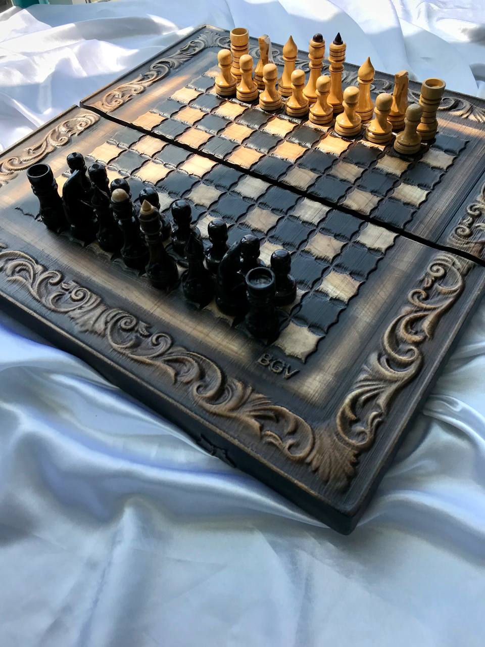 Handmade wooden chess set 3 in 1, chess set, checkers, backgammon board