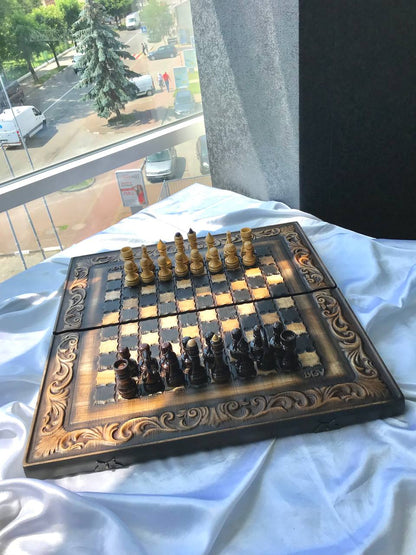 Handmade wooden chess set 3 in 1, chess set, checkers, backgammon board