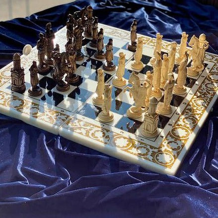 White acrylic stone chess set, chess board made of stone, backgammon game board