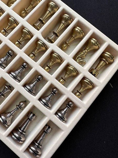 Set of chess pieces, metal chessmen, metal chess pieces, luxury chess pieces, handcrafted stylized chess pieces
