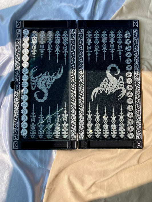 Backgammon de piedra acrílica negra de lujo "Scorpion" 58*28cm, tablero de backgammon de piedra, versión limitada