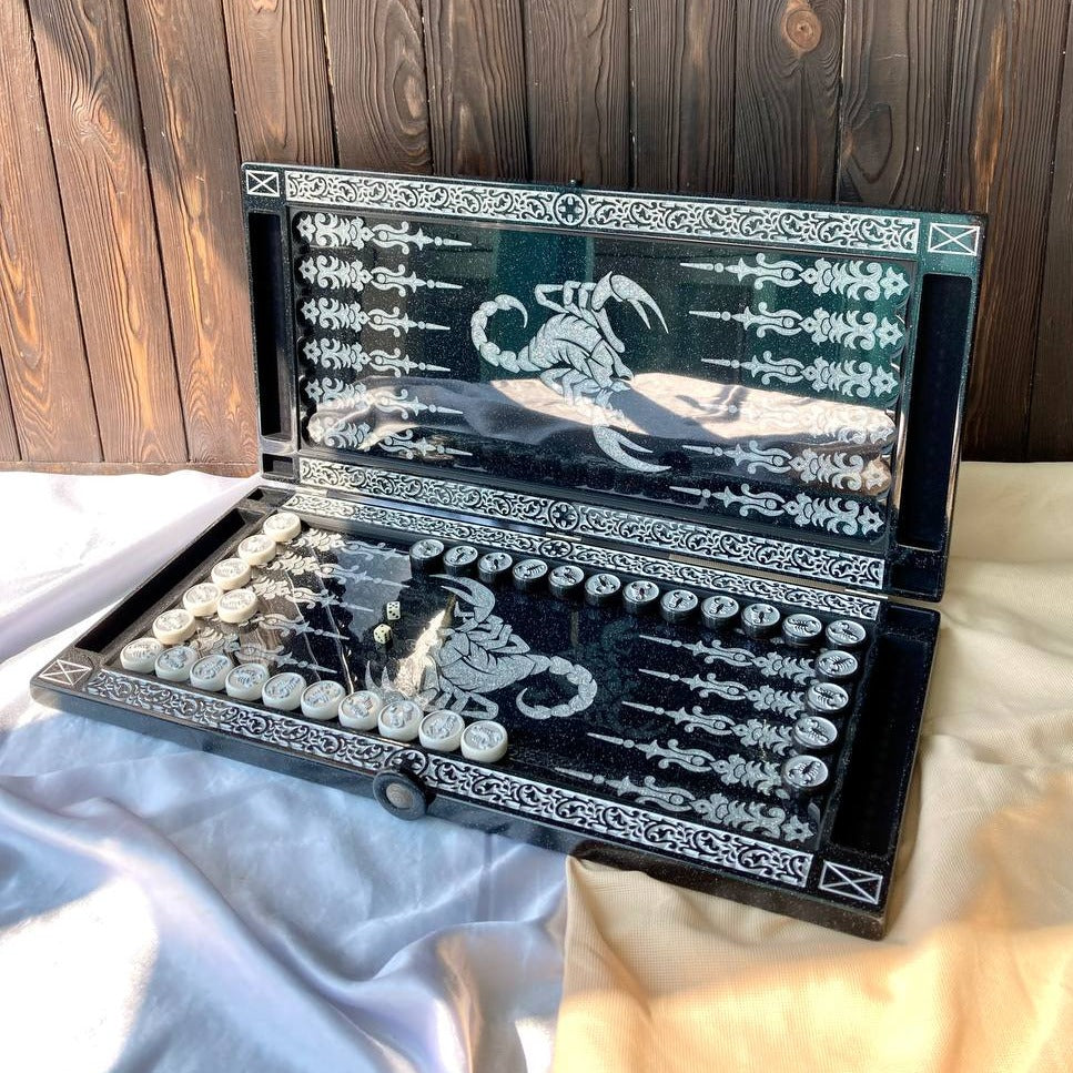 Luxury black acrylic stone backgammon "Scorpion" 58*28cm, stone backgammon board, limited version