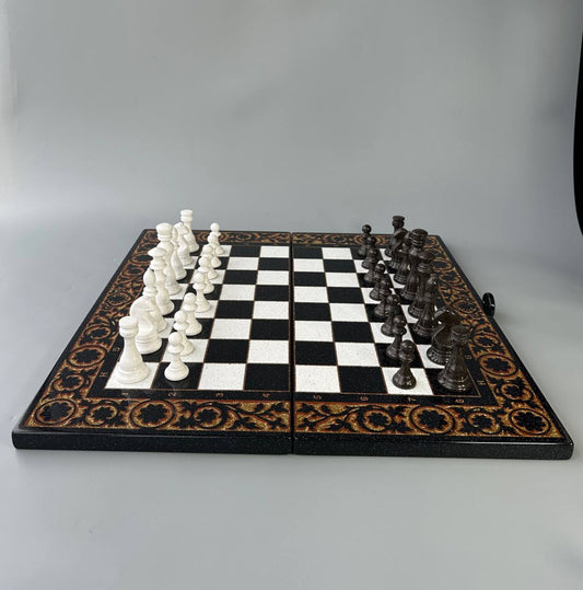 Luxury black acrylic stone chess set, stone chess board, marble chess board, chess set, gift for artist