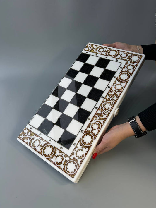 Luxury white acrylic stone chess set, chess board made of stone, limited, backgammon set, marble chess set