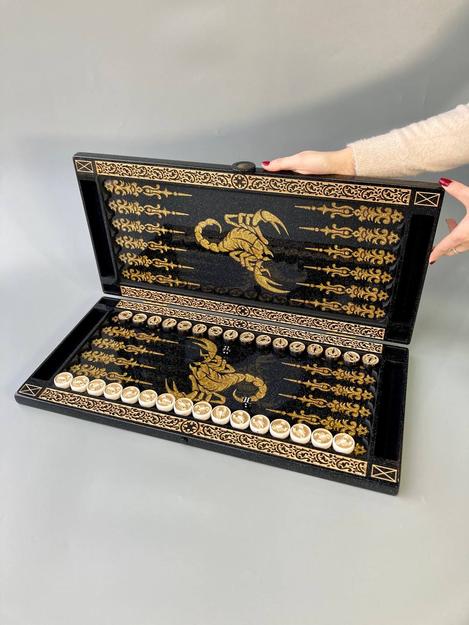 Luxury black acrylic stone backgammon "Golden Scorpion" 58×28cm, limited