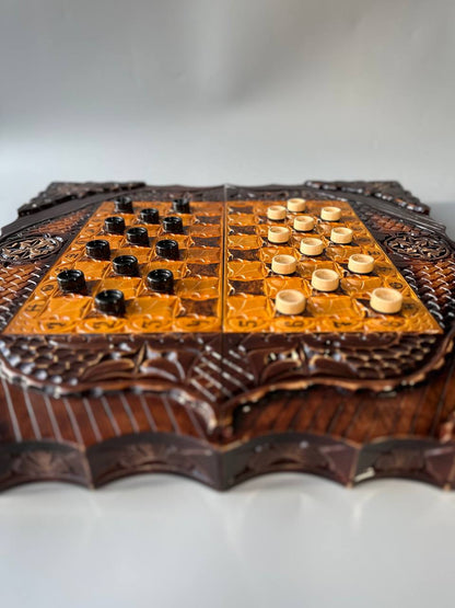 Wooden chess set with glass  board for backgammon, chess board, gift for boss, limited