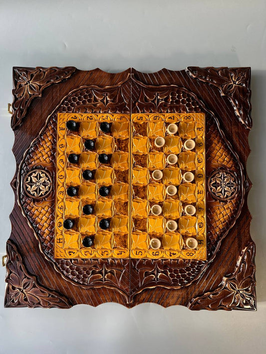 Wooden chess set with glass  board for backgammon, chess board, gift for boss, limited