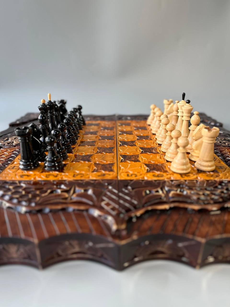 Wooden chess set with glass  board for backgammon, chess board, gift for boss, limited