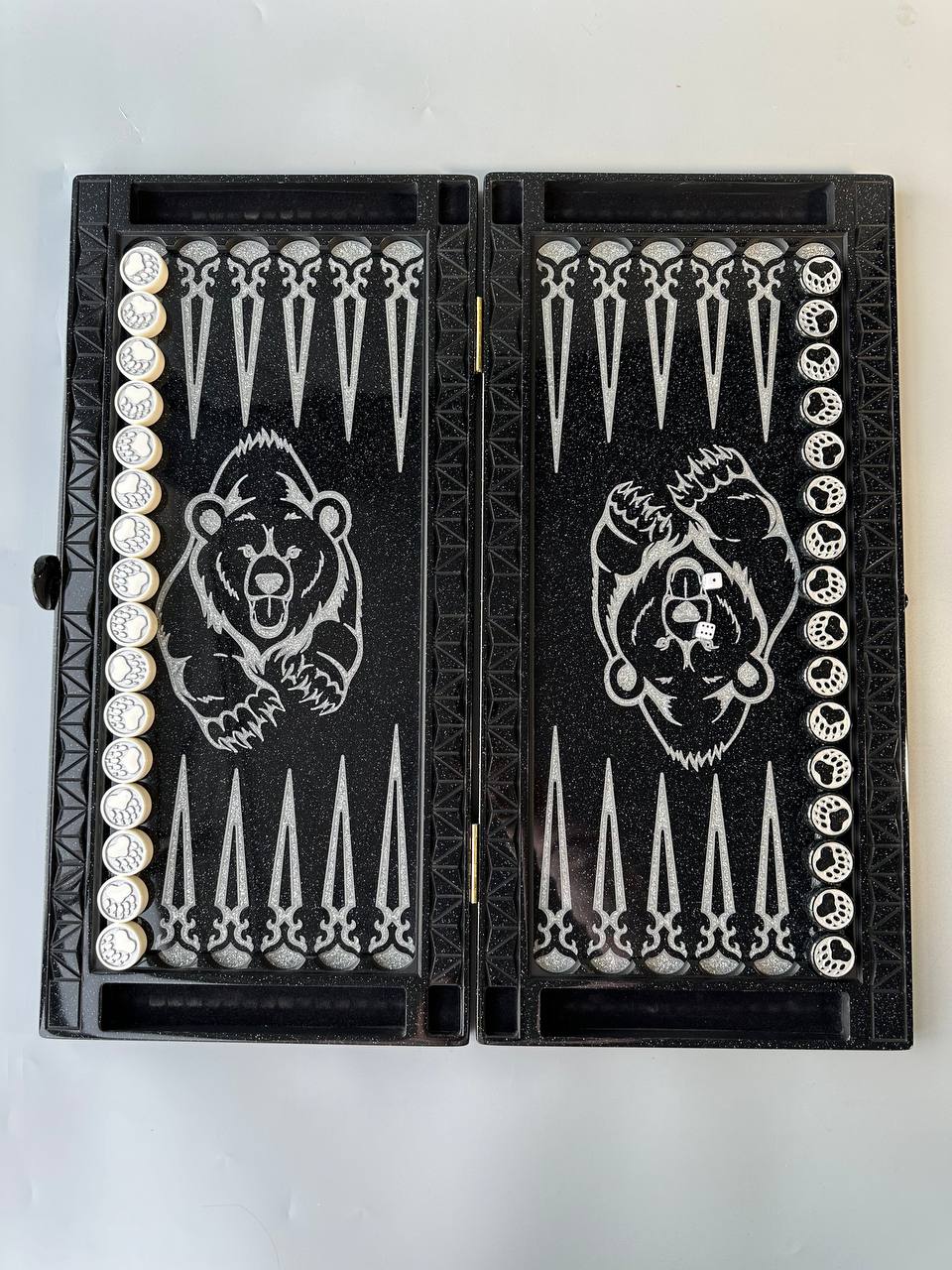 Black acrylic stone backgammon "Silver Bear", bakcgammon set, limited, stone backgammon, gift idea for for the best friend