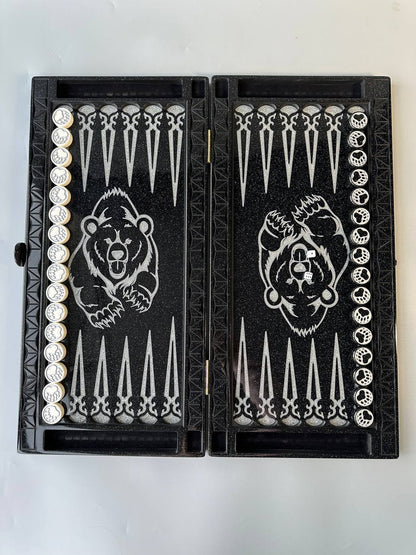 Black acrylic stone backgammon "Silver Bear", bakcgammon set, limited, stone backgammon, gift idea for for the best friend