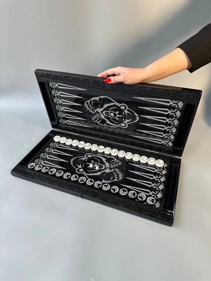 Black acrylic stone backgammon "Silver Bear", bakcgammon set, limited, stone backgammon, gift idea for for the best friend