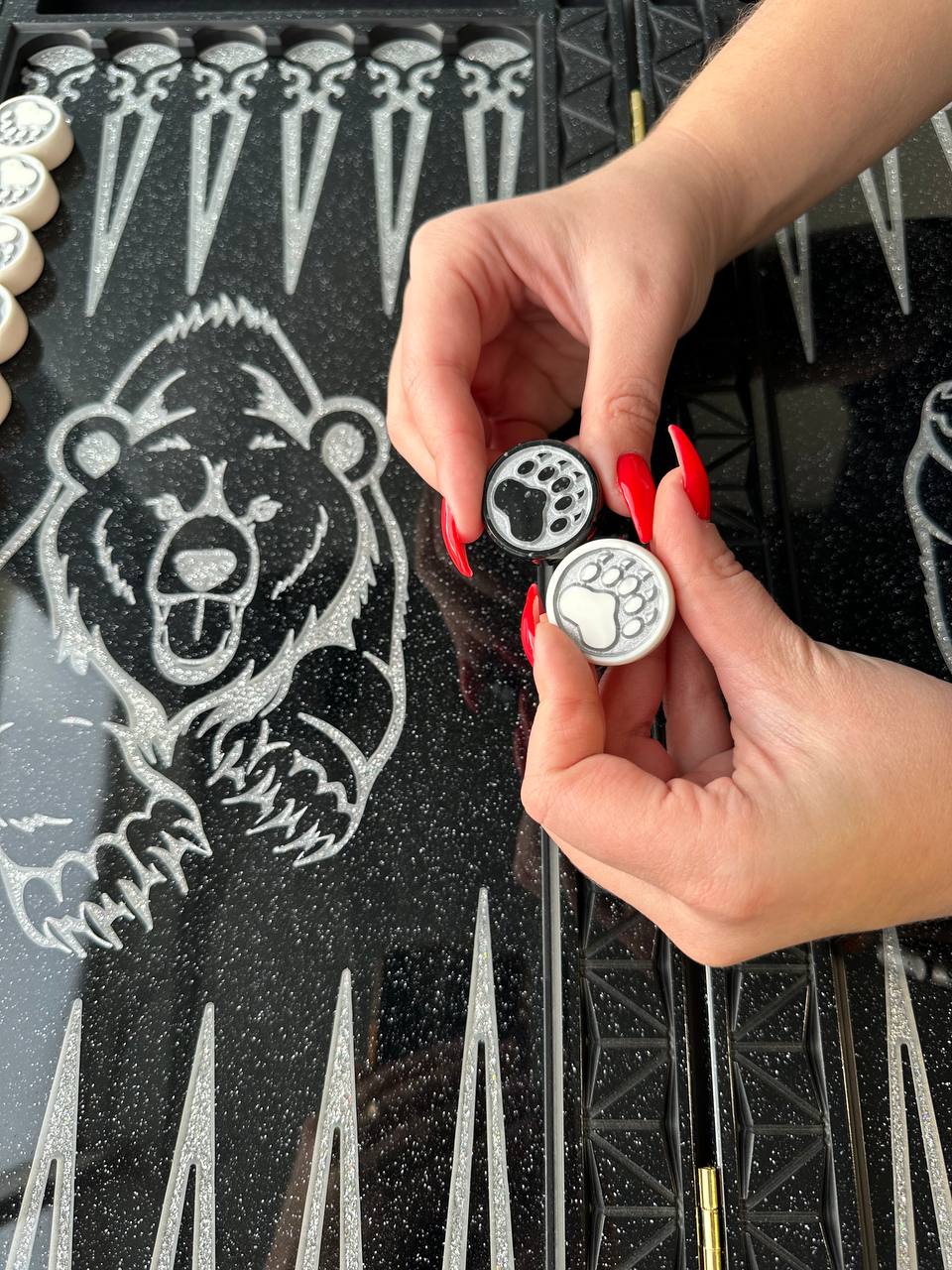 Black acrylic stone backgammon "Silver Bear", bakcgammon set, limited, stone backgammon, gift idea for for the best friend