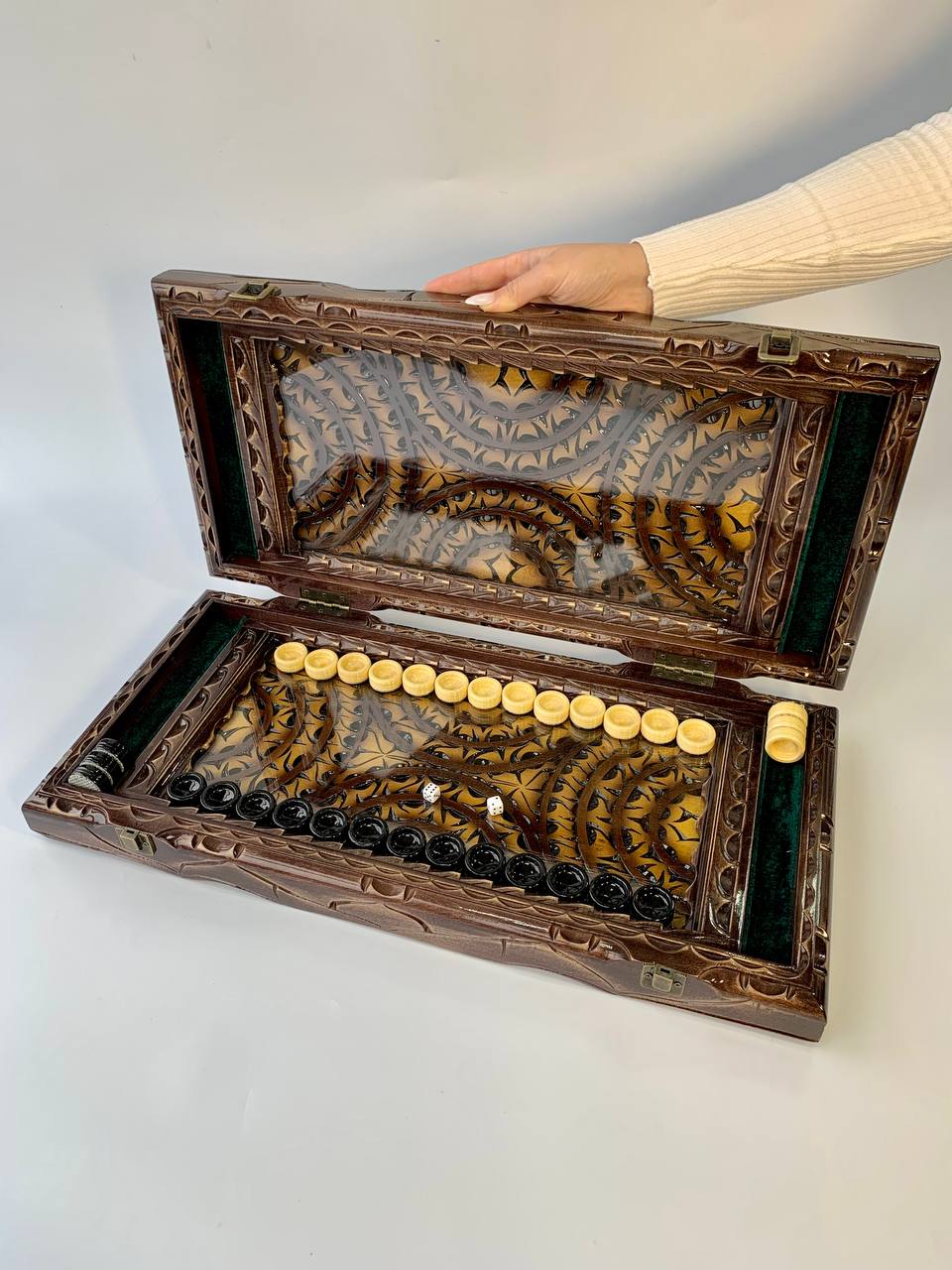 Wooden carved backgammon with glass play board inside, gift for him, backgammon set, handmade backgammon set, limited edition