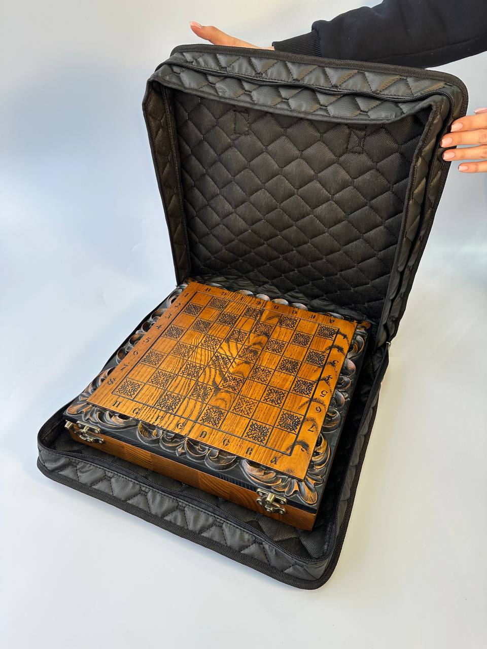 Exclusive Hand-Carved Wooden Chess Set and Checkers Set, 33 x 33 cm. Customized and gift-ready