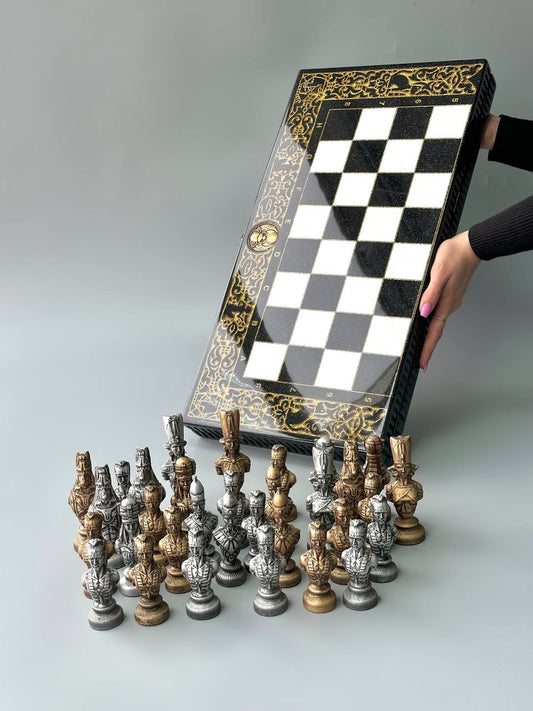 Luxury black acrylic stone chess set, stone chess board, limited, luxury chess pieces, gift for couple