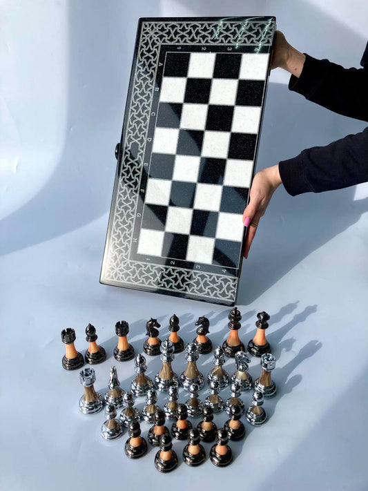 Luxury white&black acrylic stone chess set, backgammon board and checkers game, limited version