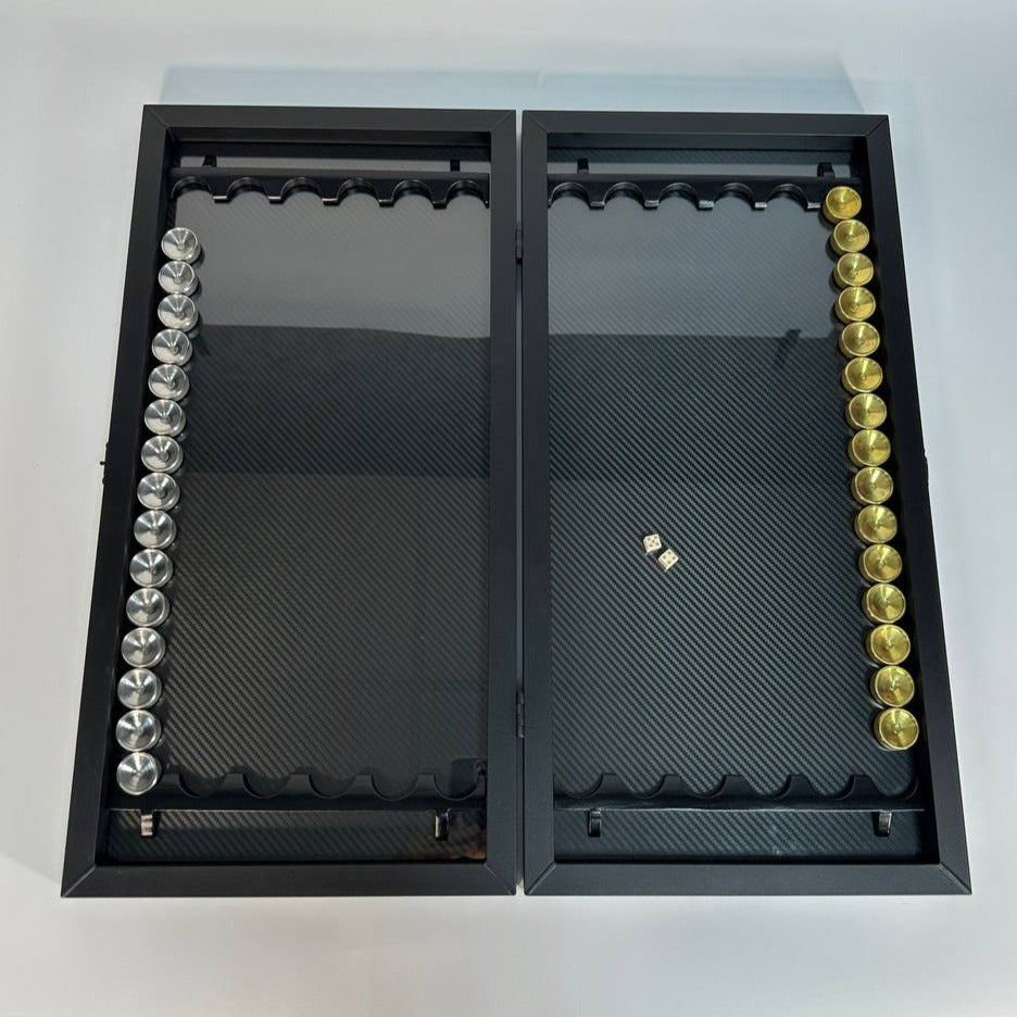 Carbon backgammon 60*30 cm, stylish backgammon set, metal backammon board