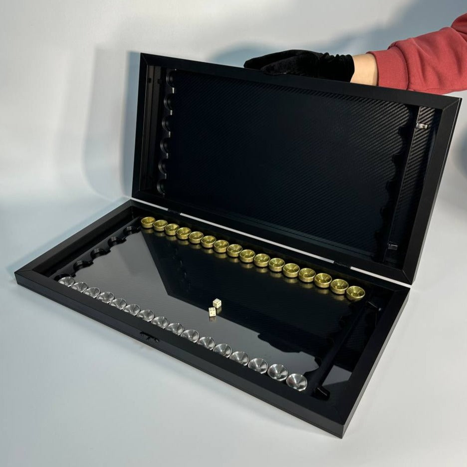 Carbon backgammon 60*30 cm, stylish backgammon set, metal backammon board