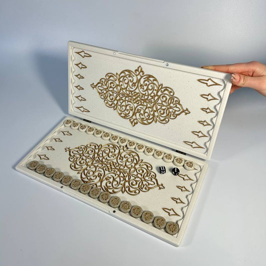 Luxury white acrylic stone backgammon set, gift for couple, backgammon board