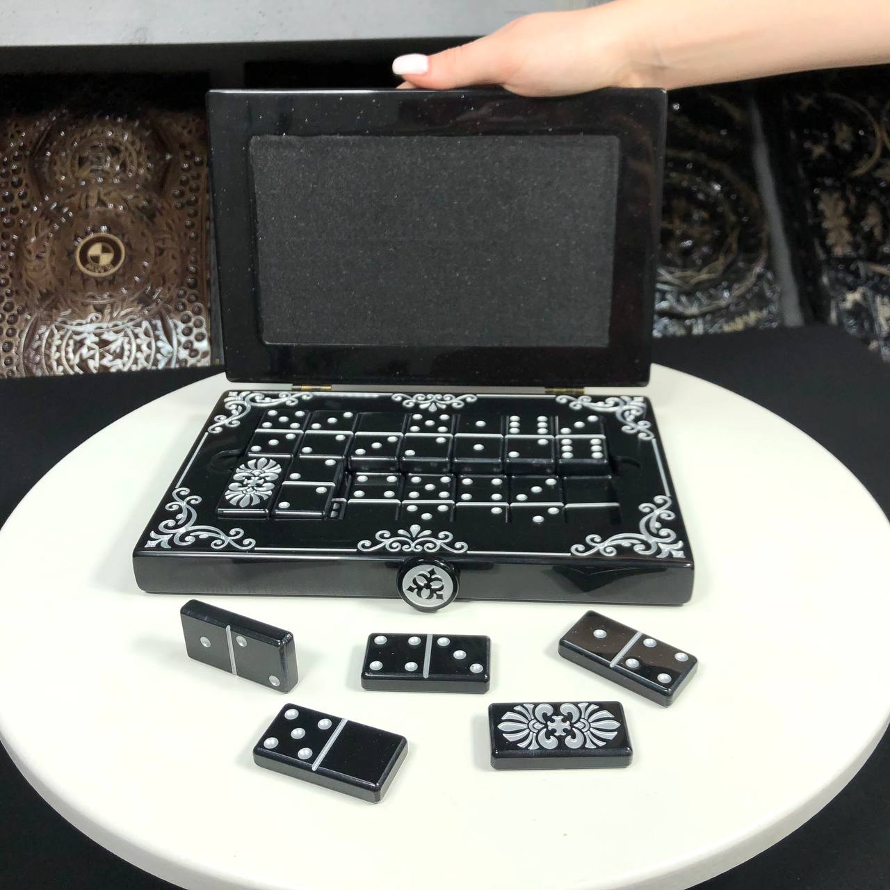 Stone Dominoes set, art. 400030, in a stone storage box. Customized and Gift-ready.