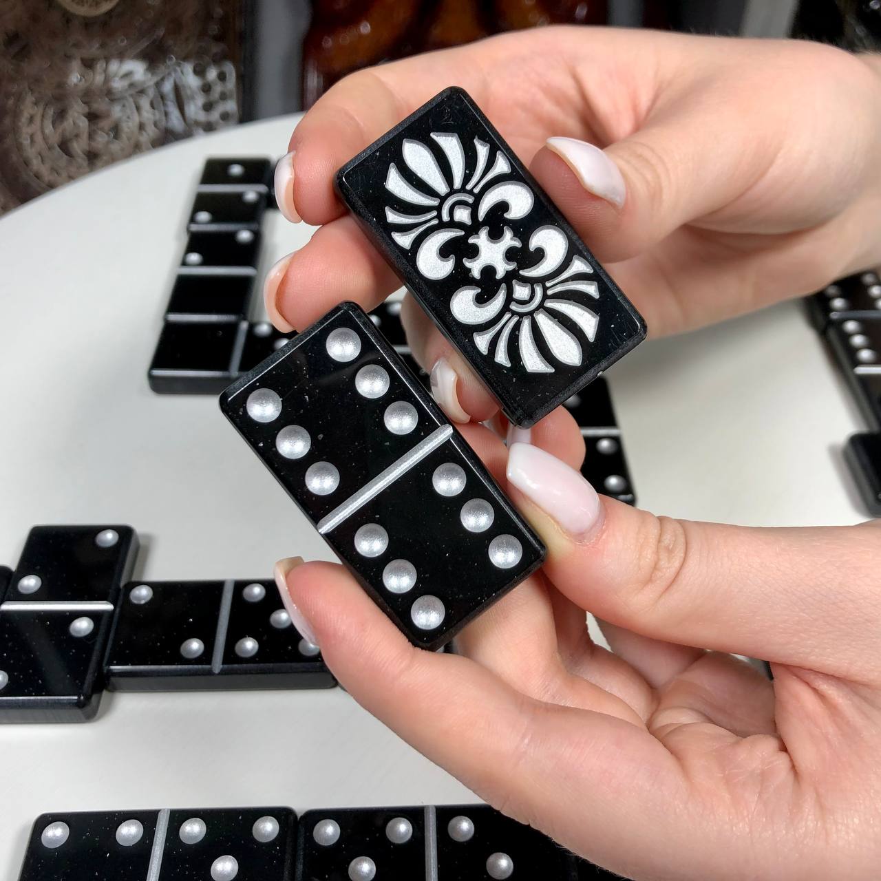 Stone Dominoes set, art. 400030, in a stone storage box. Customized and Gift-ready.