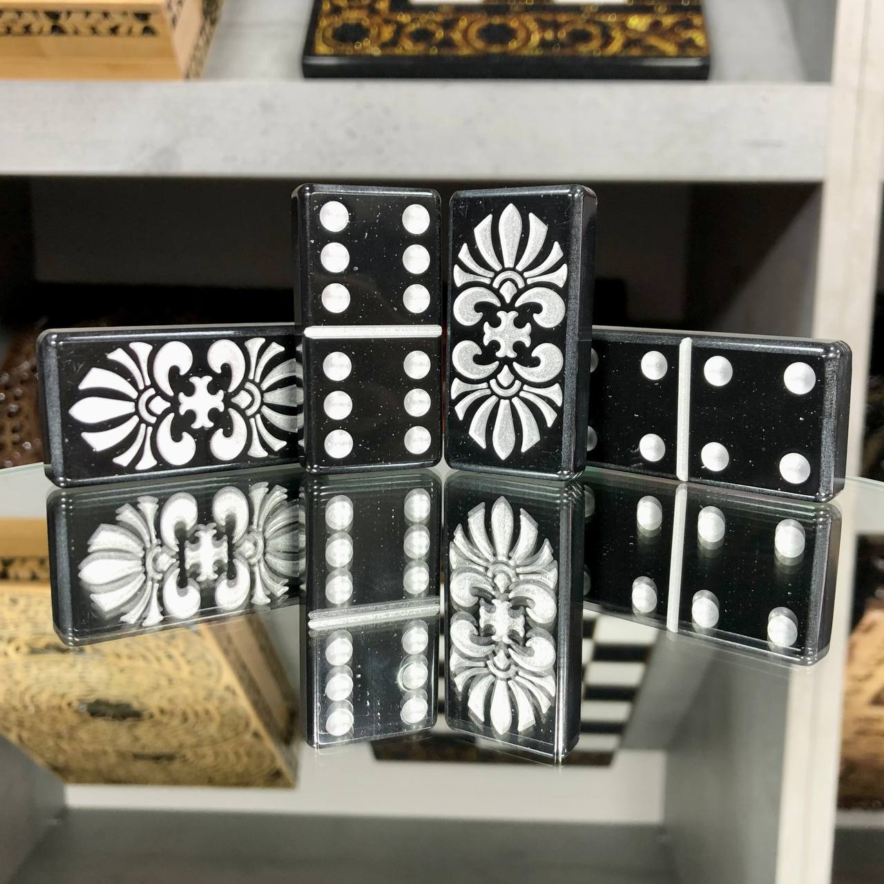 Stone Dominoes set, art. 400030, in a stone storage box. Customized and Gift-ready.