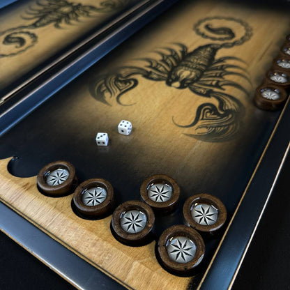 Backgammon de madera "Scorpion", juego de backgammon de regalo, tablero de backgammon