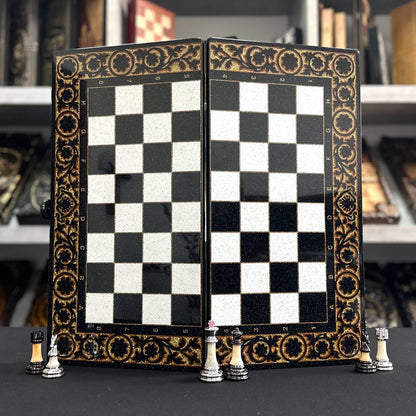 Deluxe Acrylic Stone Chess & Backgammon Set – Gold Carved Design (58×28 cm) | Free Global Delivery | Gift-ready
