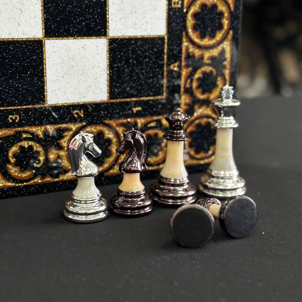 Deluxe Acrylic Stone Chess & Backgammon Set – Gold Carved Design (58×28 cm) | Free Global Delivery | Gift-ready