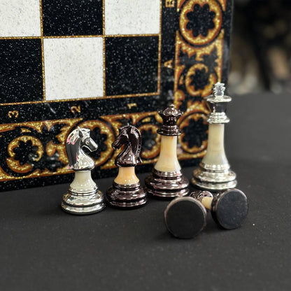 Deluxe Acrylic Stone Chess & Backgammon Set – Gold Carved Design (58×28 cm) | Free Global Delivery | Gift-ready