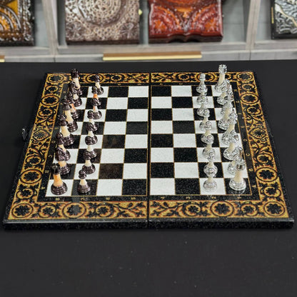 Deluxe Acrylic Stone Chess & Backgammon Set – Gold Carved Design (58×28 cm) | Free Global Delivery | Gift-ready