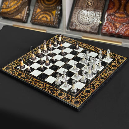 Deluxe Acrylic Stone Chess & Backgammon Set – Gold Carved Design (58×28 cm) | Free Global Delivery | Gift-ready