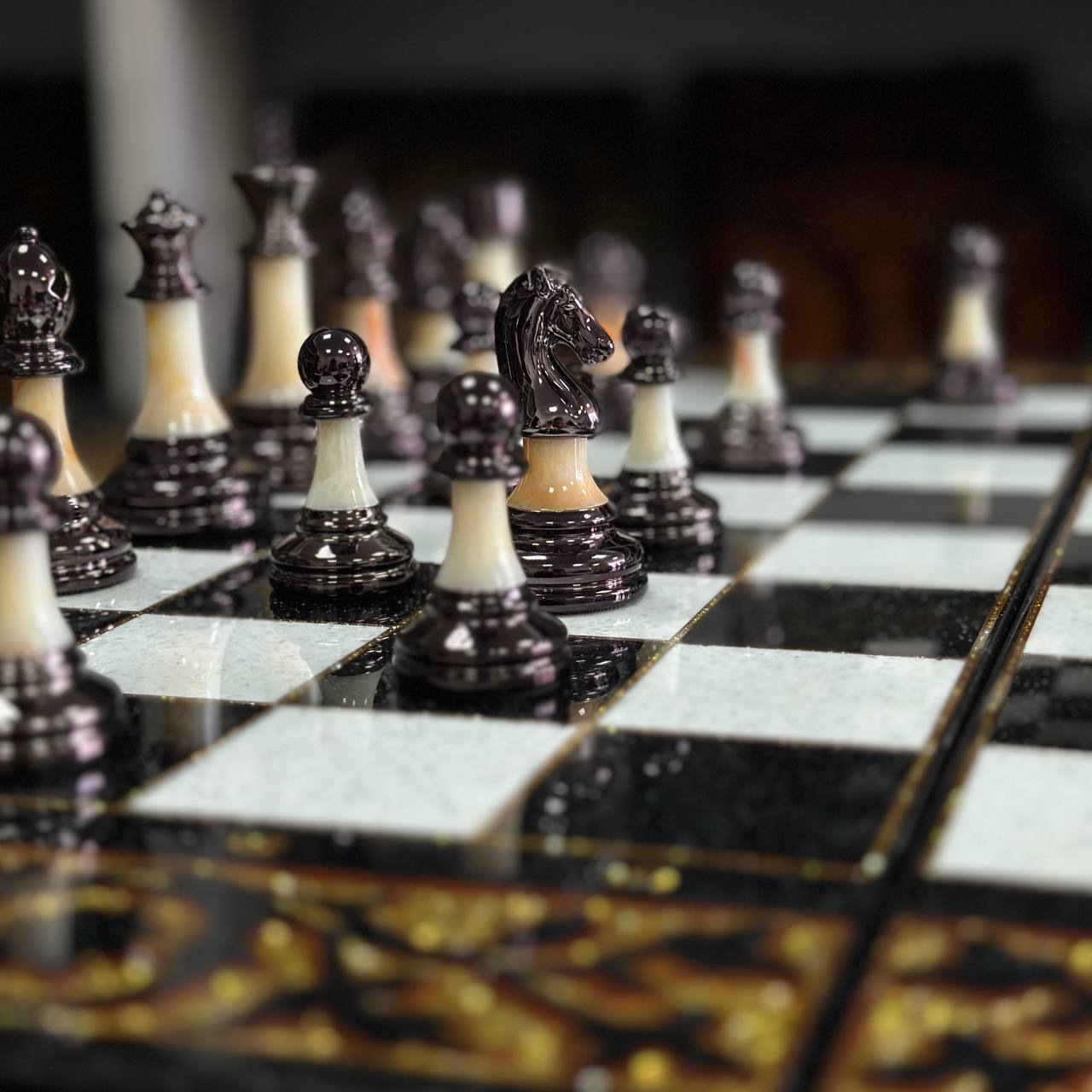 Deluxe Acrylic Stone Chess & Backgammon Set – Gold Carved Design (58×28 cm) | Free Global Delivery | Gift-ready