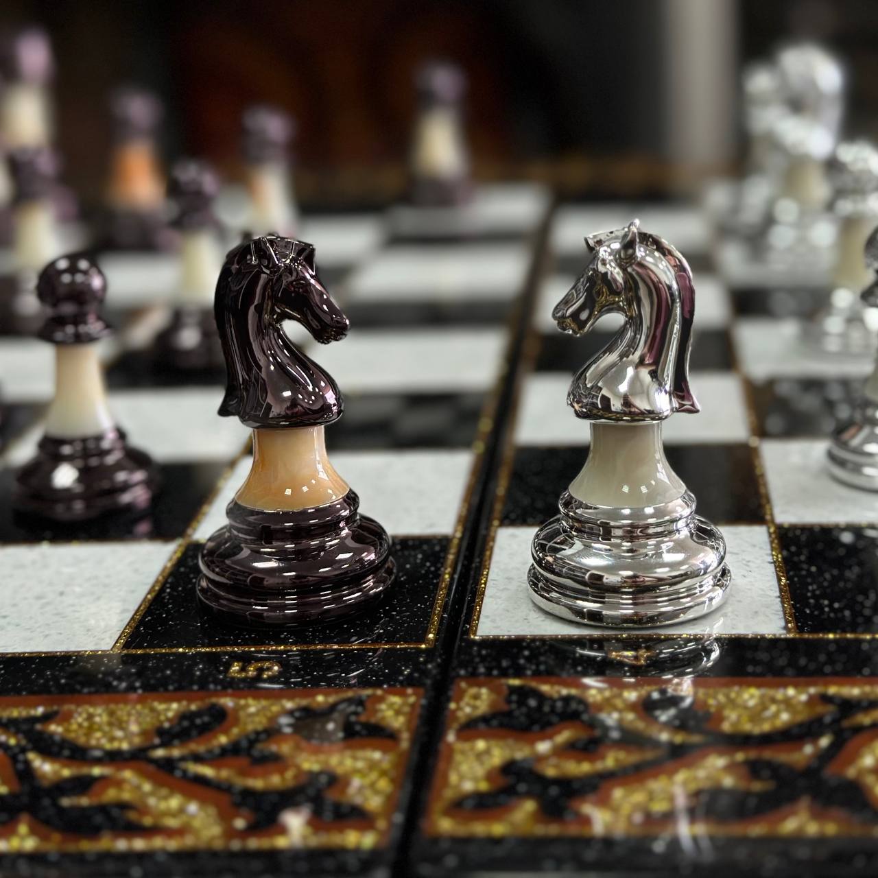 Deluxe Acrylic Stone Chess & Backgammon Set – Gold Carved Design (58×28 cm) | Free Global Delivery | Gift-ready