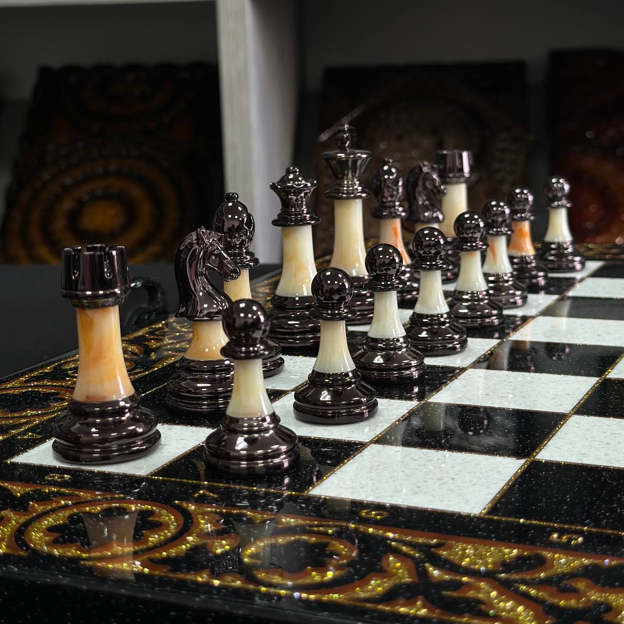 Deluxe Acrylic Stone Chess & Backgammon Set – Gold Carved Design (58×28 cm) | Free Global Delivery | Gift-ready