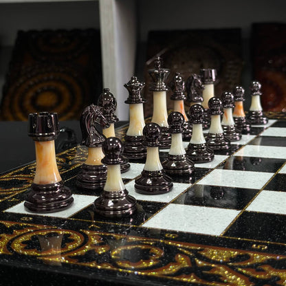 Deluxe Acrylic Stone Chess & Backgammon Set – Gold Carved Design (58×28 cm) | Free Global Delivery | Gift-ready