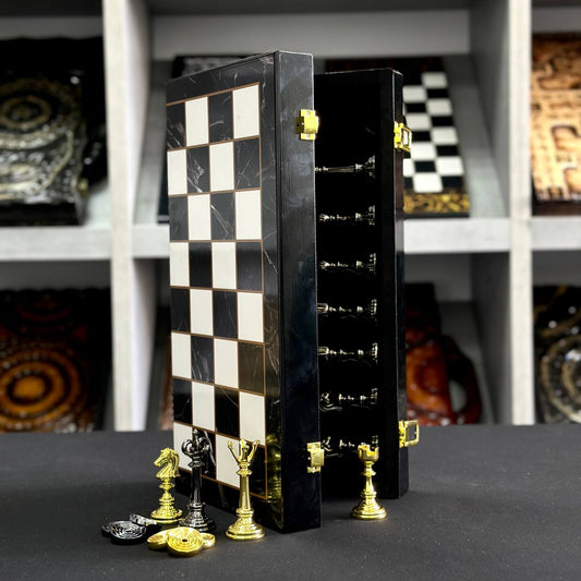 Chess Set with Imitation Marble and Metal Pieces (39x19 cm), Wooden chess set. Gift-ready. Art. 198026