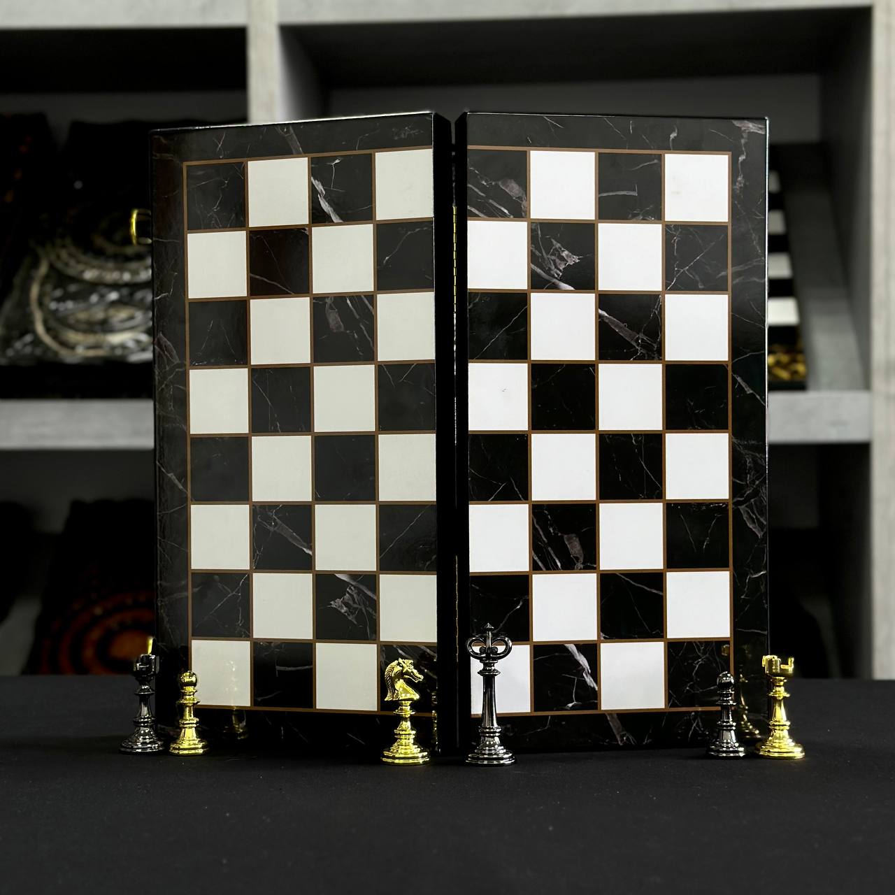 Chess Set with Imitation Marble and Metal Pieces (39x19 cm), Wooden chess set. Gift-ready. Art. 198026