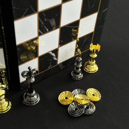 Chess Set with Imitation Marble and Metal Pieces (39x19 cm), Wooden chess set. Gift-ready. Art. 198026