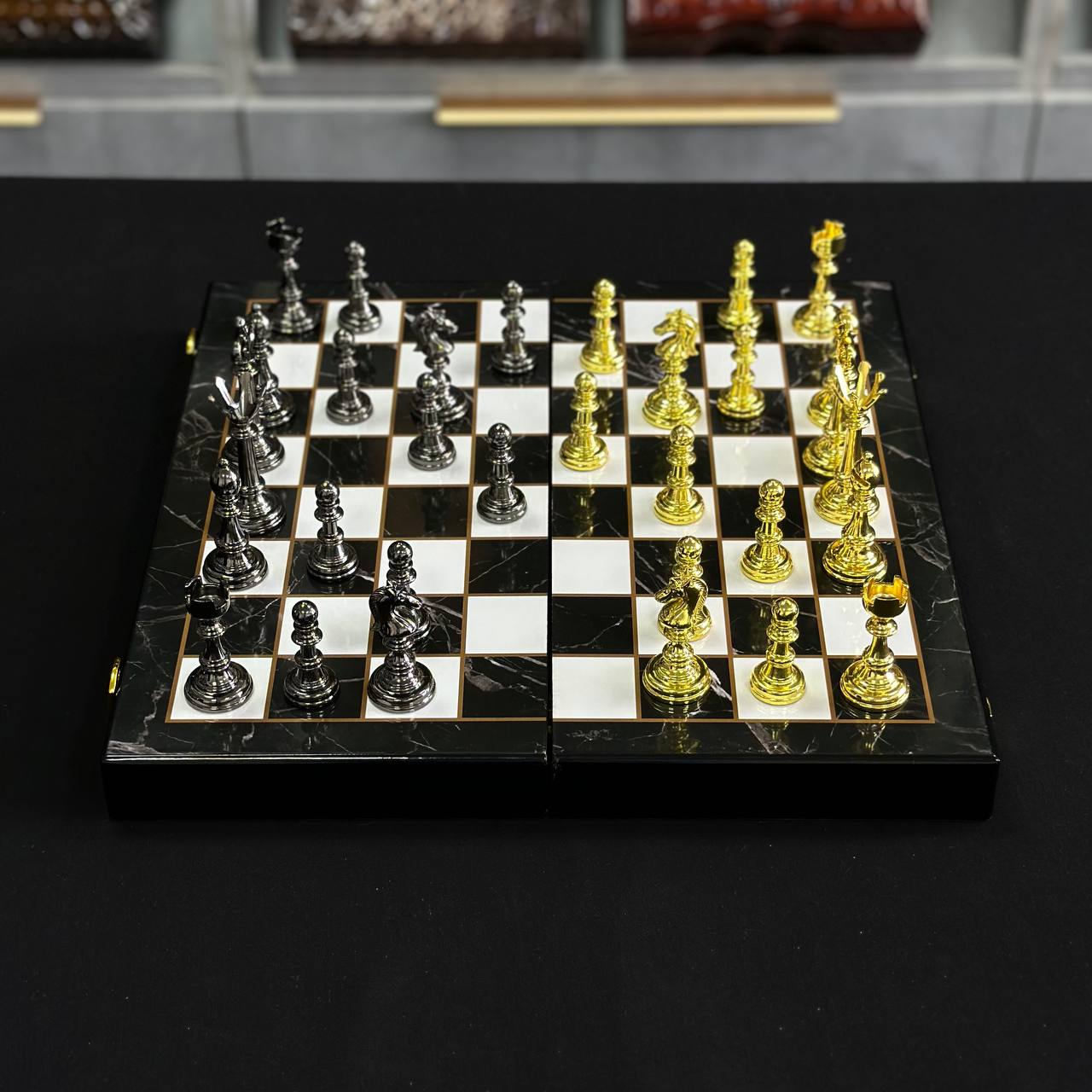 Chess Set with Imitation Marble and Metal Pieces (39x19 cm), Wooden chess set. Gift-ready. Art. 198026