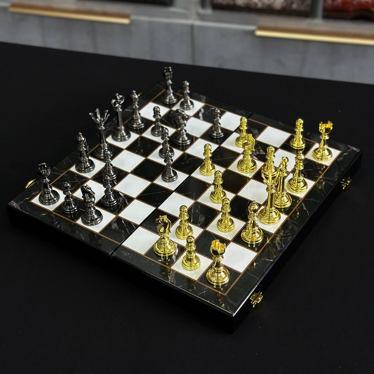 Chess Set with Imitation Marble and Metal Pieces (39x19 cm), Wooden chess set. Gift-ready. Art. 198026