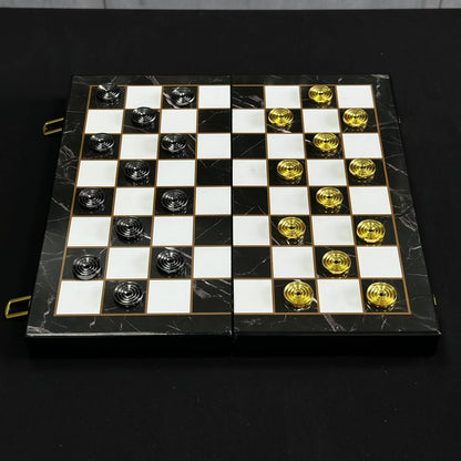 Chess Set with Imitation Marble and Metal Pieces (39x19 cm), Wooden chess set. Gift-ready. Art. 198026